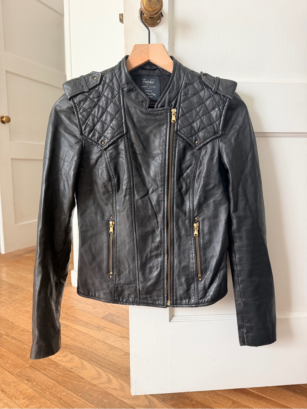 Zara Black Authentic Leather Limited Edition Moto Jacket with Gold Hardware